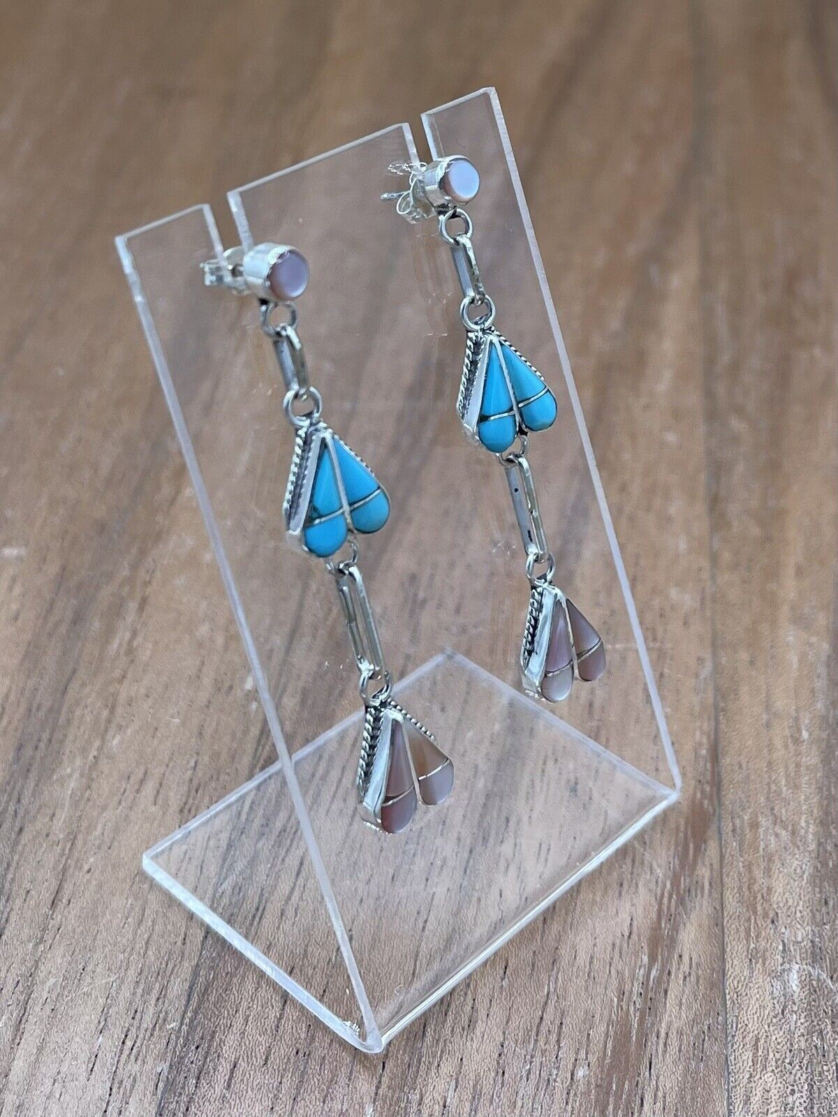 Native American Zuni Handmade Silver Inlay Turquoise Post Dangle Drop Earrings