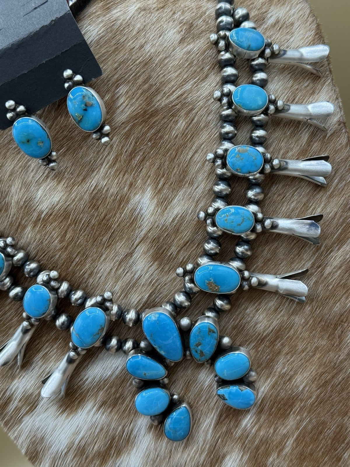 Navajo Handmade Sterling Silver Kingman Turquoise Squash Blossom Necklace 20”
