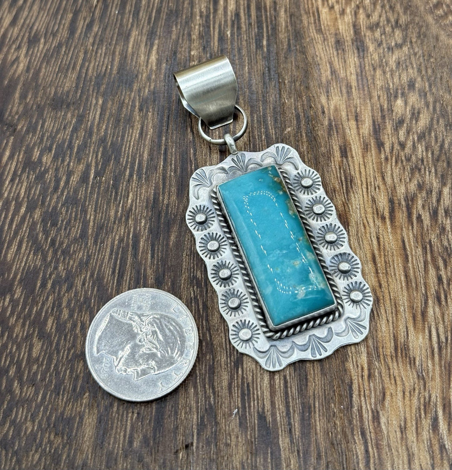 Navajo Handmade Sterling Silver Royston Turquoise Stamped Design Drop Pendant