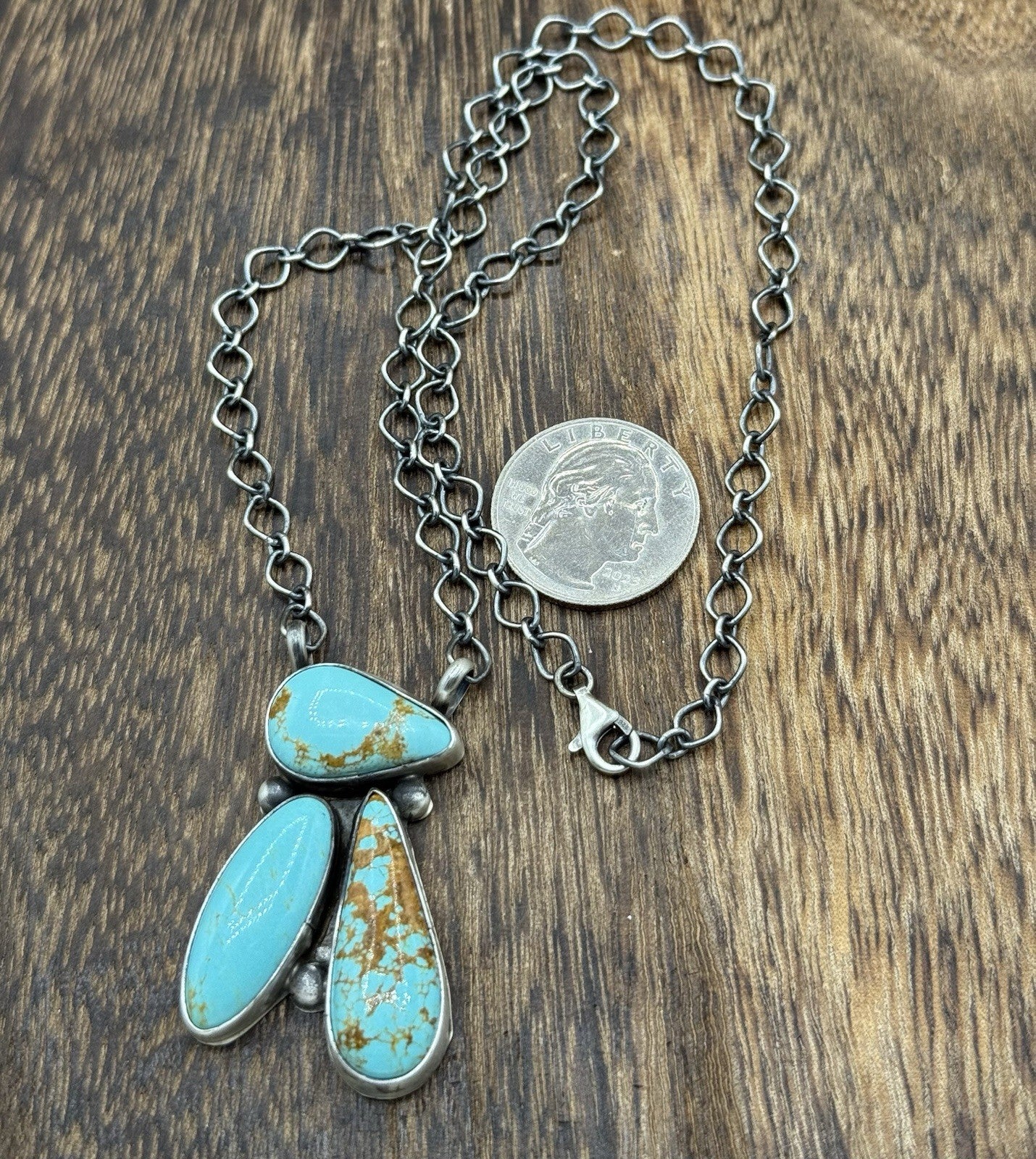 Navajo Handmade Sterling Silver Mixed Turquoise  Cluster Bar Necklace 18”