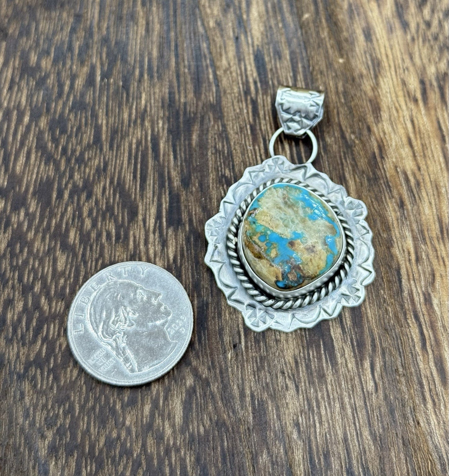Navajo Handmade Sterling Silver Royston Turquoise Stamped Drop Pendant