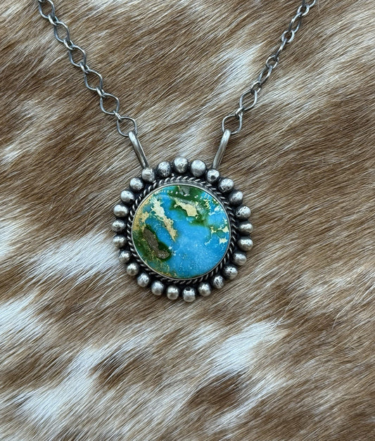 Native Navajo Handmade Sterling Silver Sonoran Gold Turquoise Necklace 18” Large