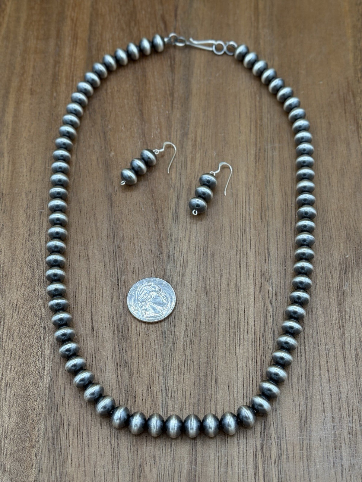 Authentic Navajo Handmade Old Look Navajo Pearl Bead Necklace & Earrings 24” 9mm