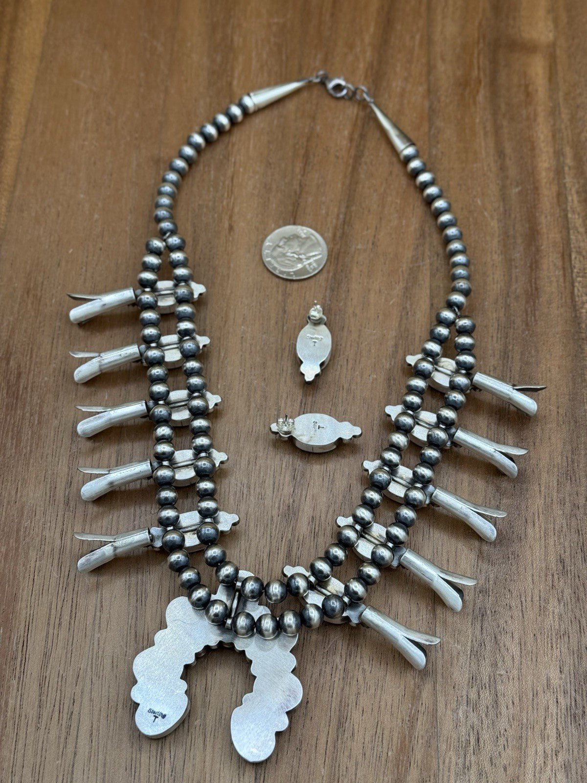 Navajo Handmade Sterling Silver Kingman Turquoise Squash Blossom Necklace 20”