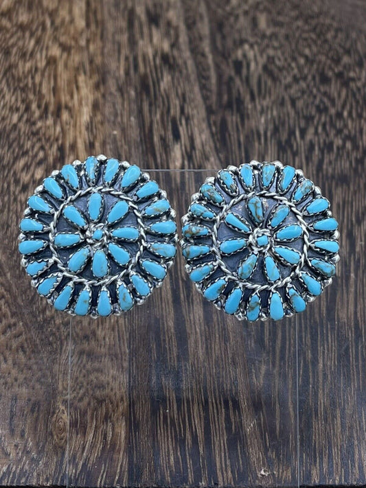 Native American Navajo Handmade Sterling Silver Turquoise Cluster Post earrings