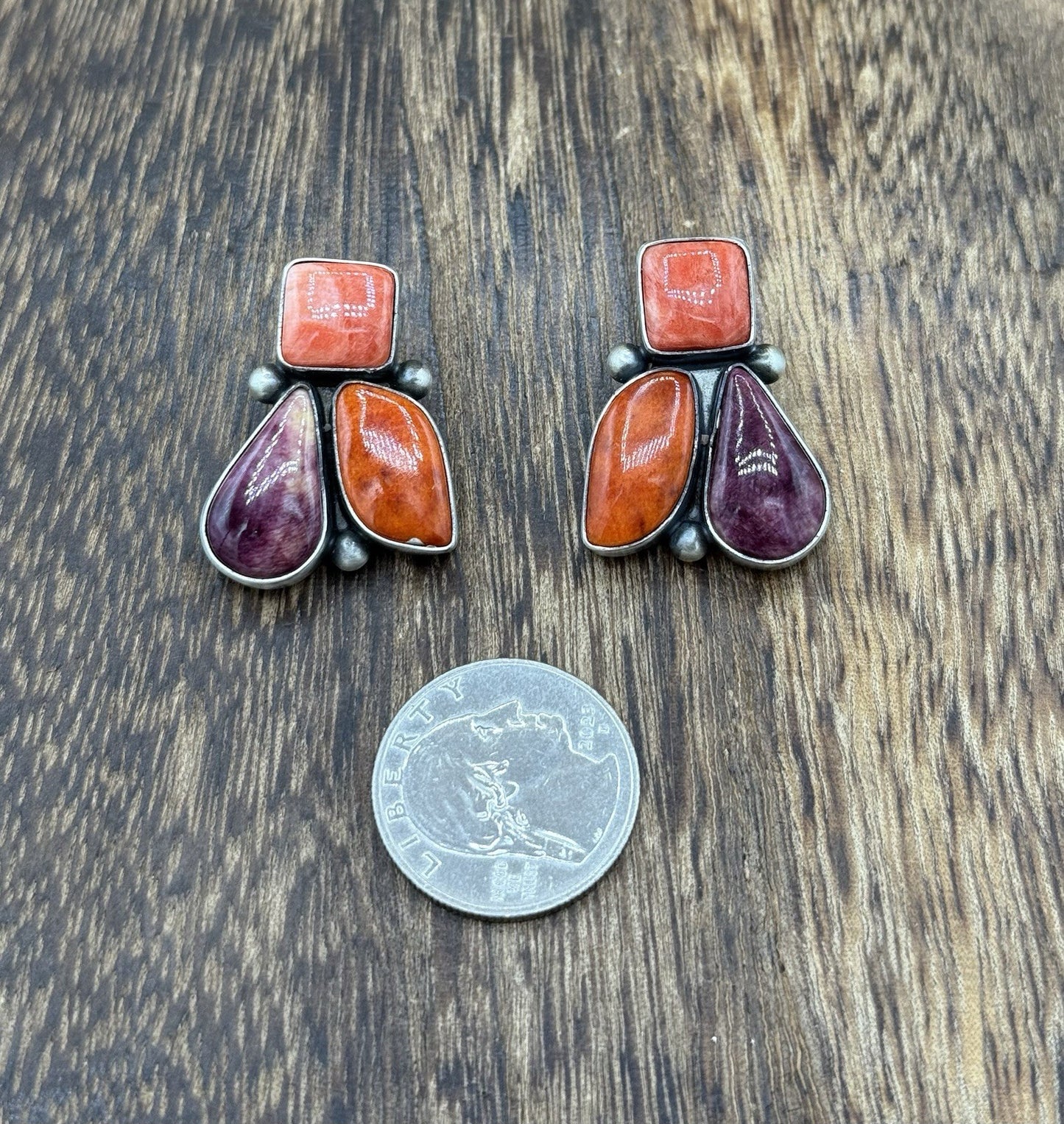 Navajo Handmade Sterling Silver Multi Color Spiny Oyster Shell Cluster Earrings