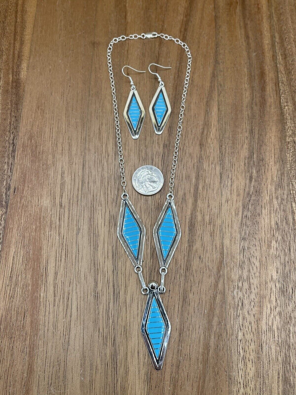 Native American Zuni handmade Sterling Silver Turquoise Inlay  Necklace Set 18”