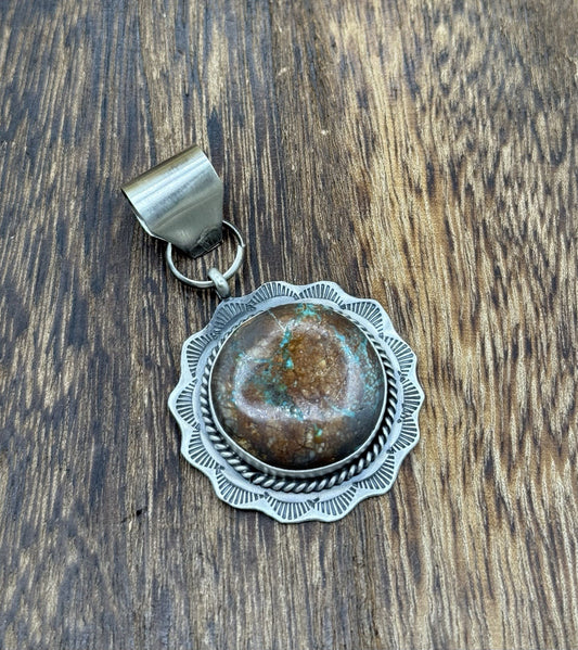 Navajo Handmade Sterling Silver Royston Turquoise Stamped Design Drop Pendant