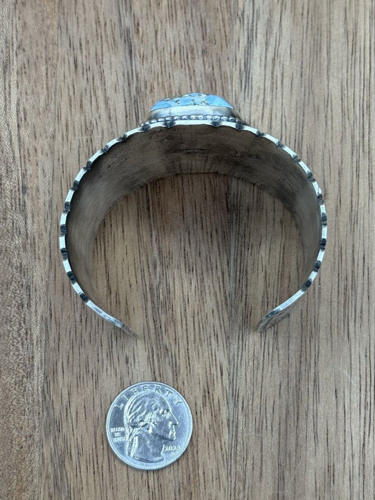 Navajo Handmade Sterling Silver Golden Hills Turquoise Stamped Cuff Bracelet