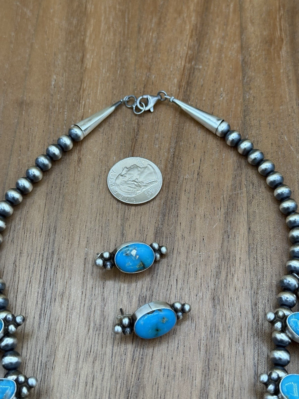 Navajo Handmade Sterling Silver Kingman Turquoise Squash Blossom Necklace 20”