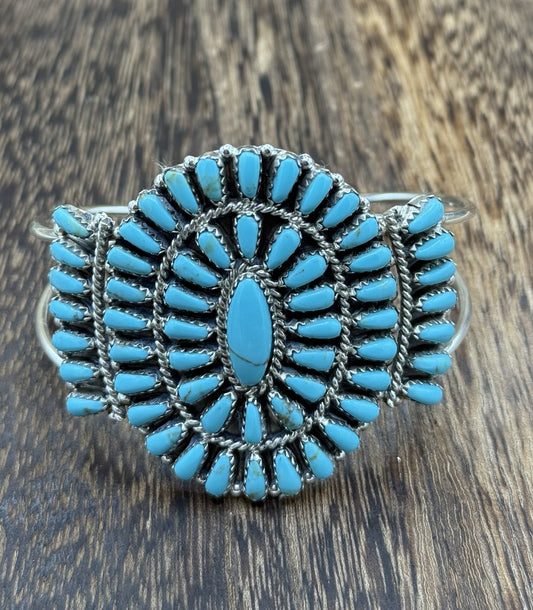 Native American Navajo Handmade Sterling Silver Turquoise Cluster Cuff Bracelet