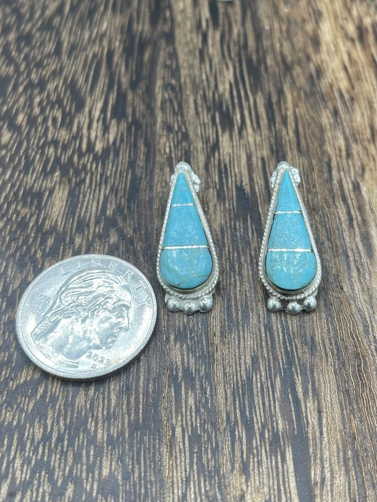 Native American Sterling Silver Zuni Handmade Turquoise Inlay Post Stud Earrings