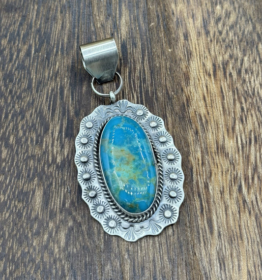 Navajo Handmade Sterling Silver Royston Turquoise Stamped Design Drop Pendant