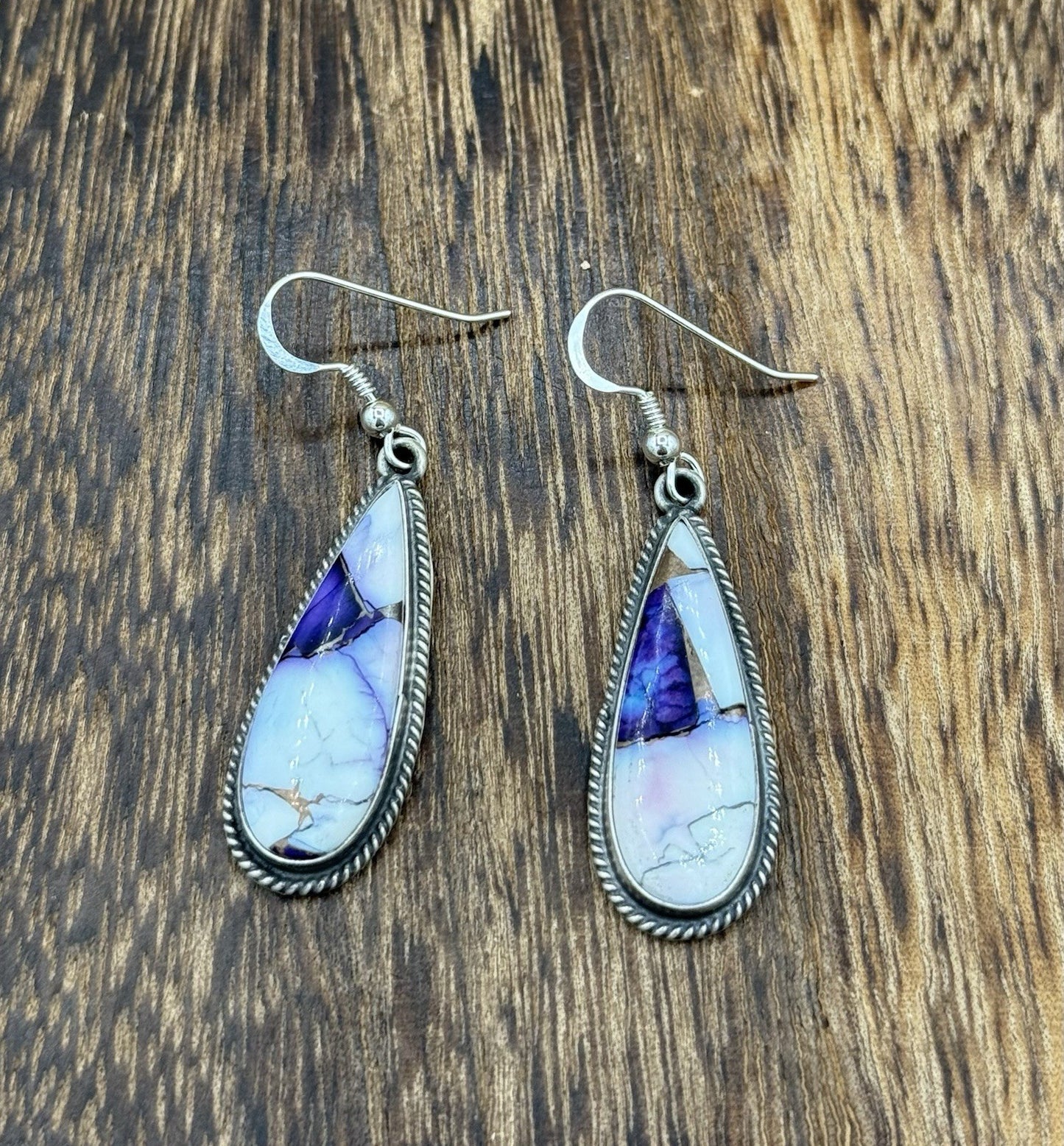 Navajo Handmade Sterling Silver Violet Rose Dahlia Dangle Drop Earrings Byron B.