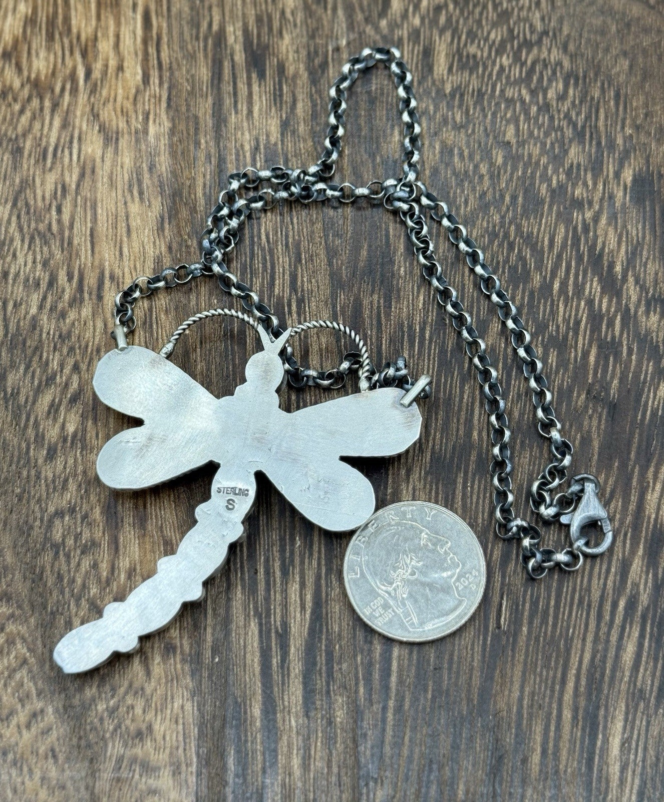 Navajo Handmade Sterling Silver Orange Spiny Oyster Dragonfly Bar Necklace 18”