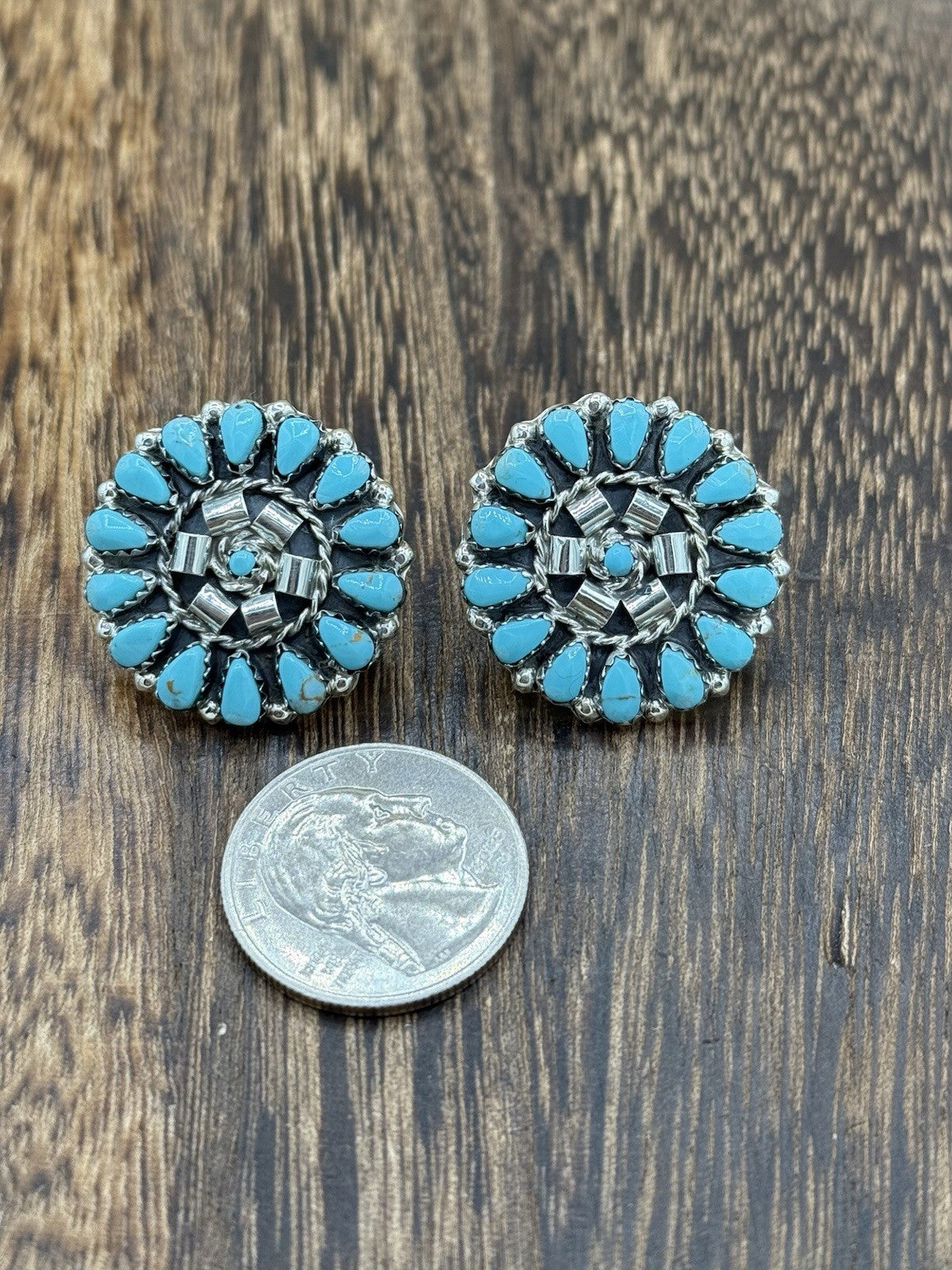 Native American Navajo Handmade Sterling Silver Turquoise Cluster Post earrings