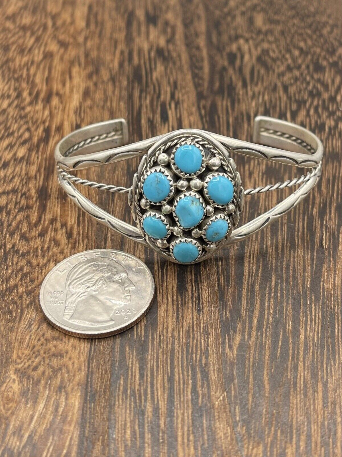 Native American Sterling Silver Navajo Handmade Kingman Turquoise Cuff Bracelet