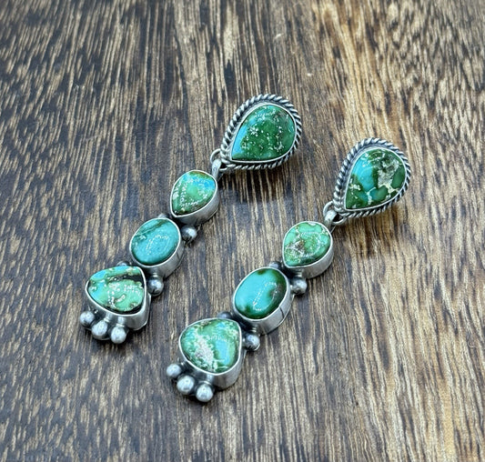 Navajo Handmade Sterling Silver Sonoran Gold Turquoise Post Cluster Earrings