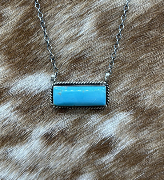 Navajo Handmade Sterling Silver Kingman Turquoise Bar Necklace 16”