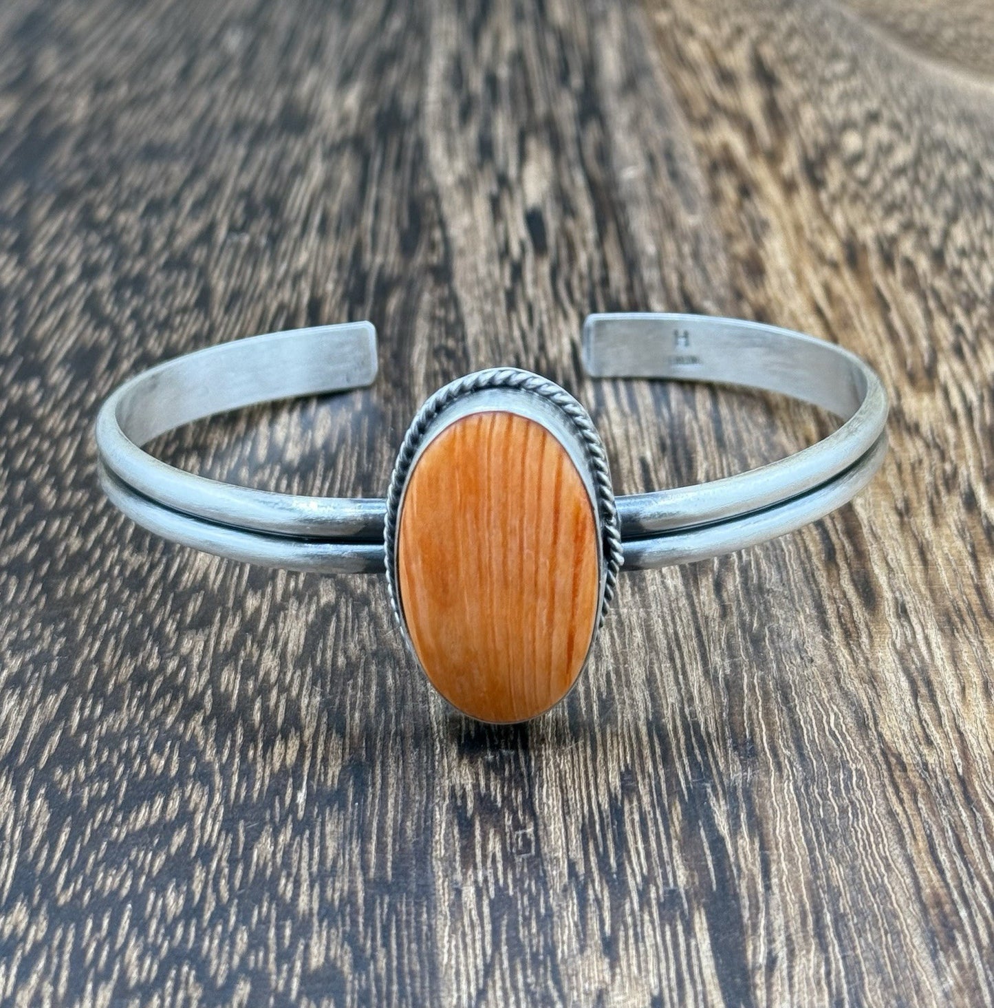 Navajo Handmade Sterling Silver Orange Spiny Oyster Stacker Cuff Bracelet