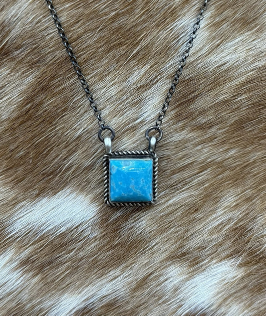 Native Navajo Handmade Silver Kingman Turquoise Cluster Bar Necklace 16”