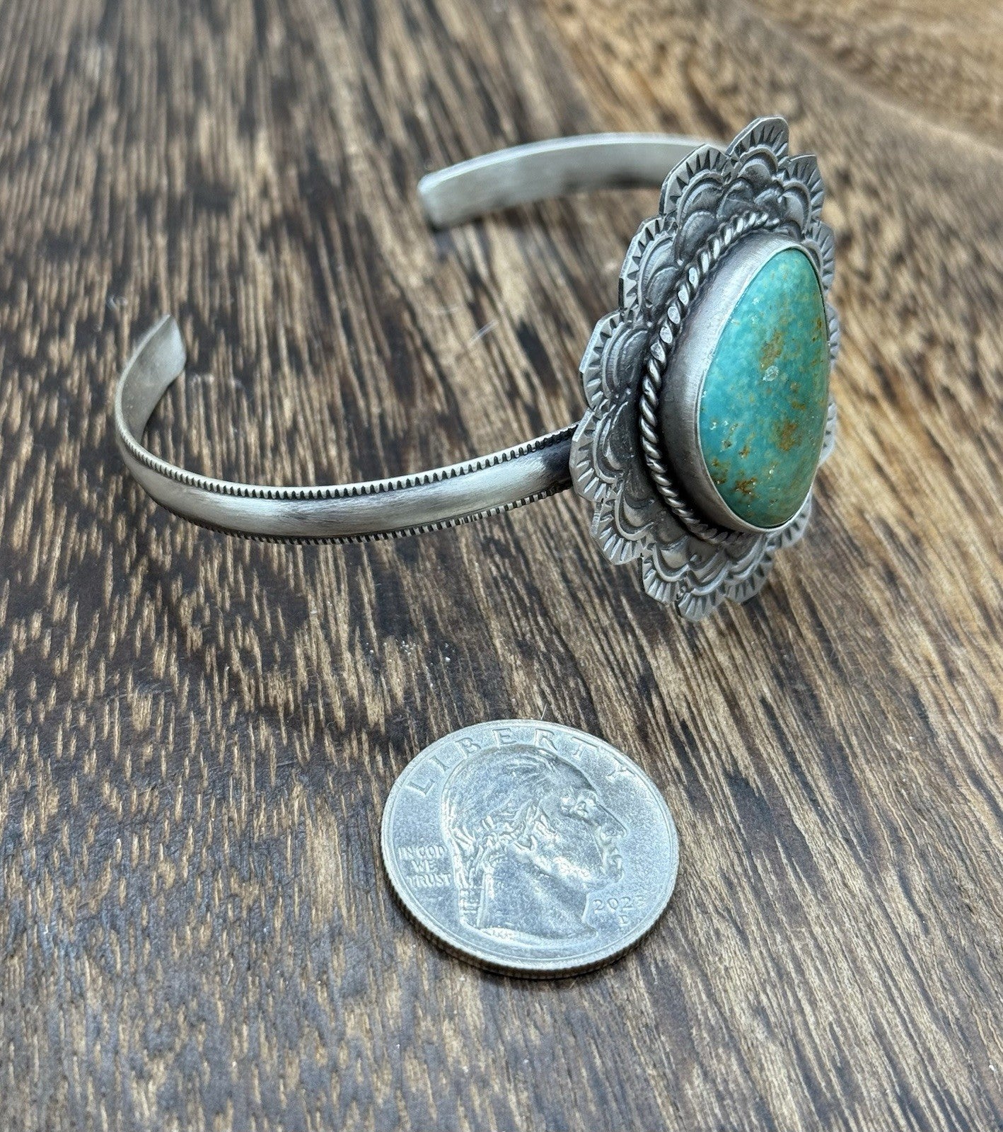 Native Navajo Handmade Sterling Silver Kingman Turquoise Cuff Stamped Bracelet