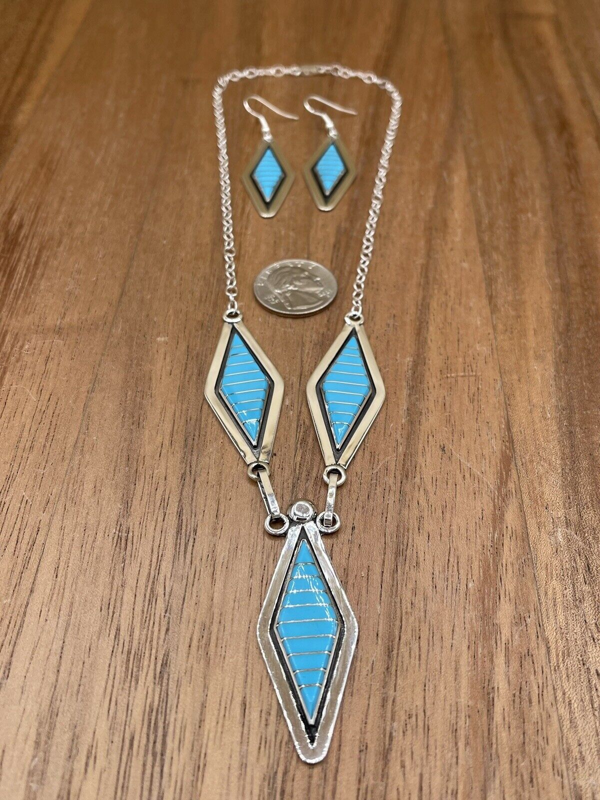 Native American Zuni handmade Sterling Silver Turquoise Inlay  Necklace Set 18”