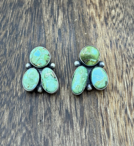 Navajo Handmade Sterling Silver Sonoran Gold Turquoise Post Cluster Earrings