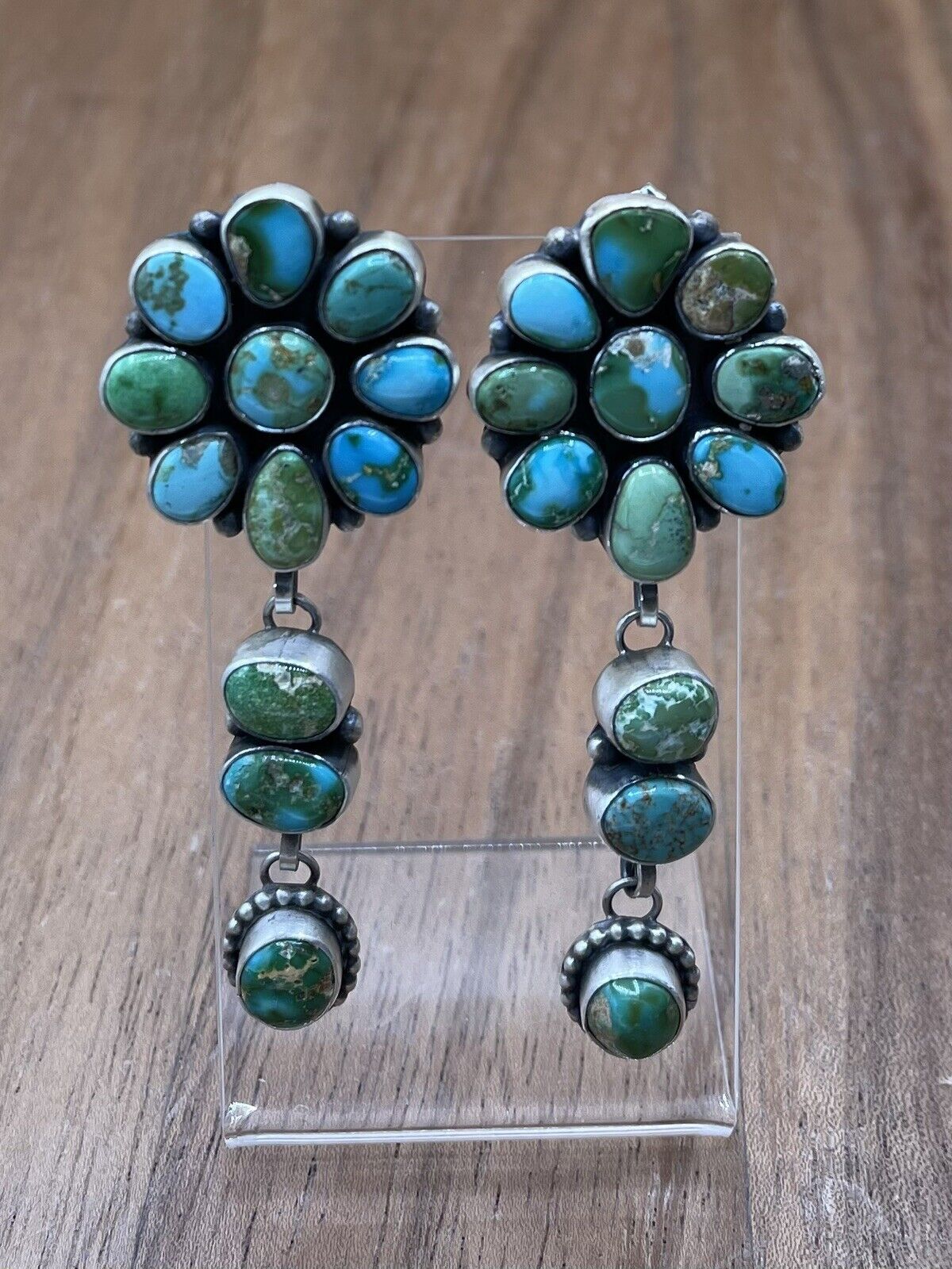 Native American Navajo Handmade Silver Sonoran Gold Turquoise Cluster Earrings