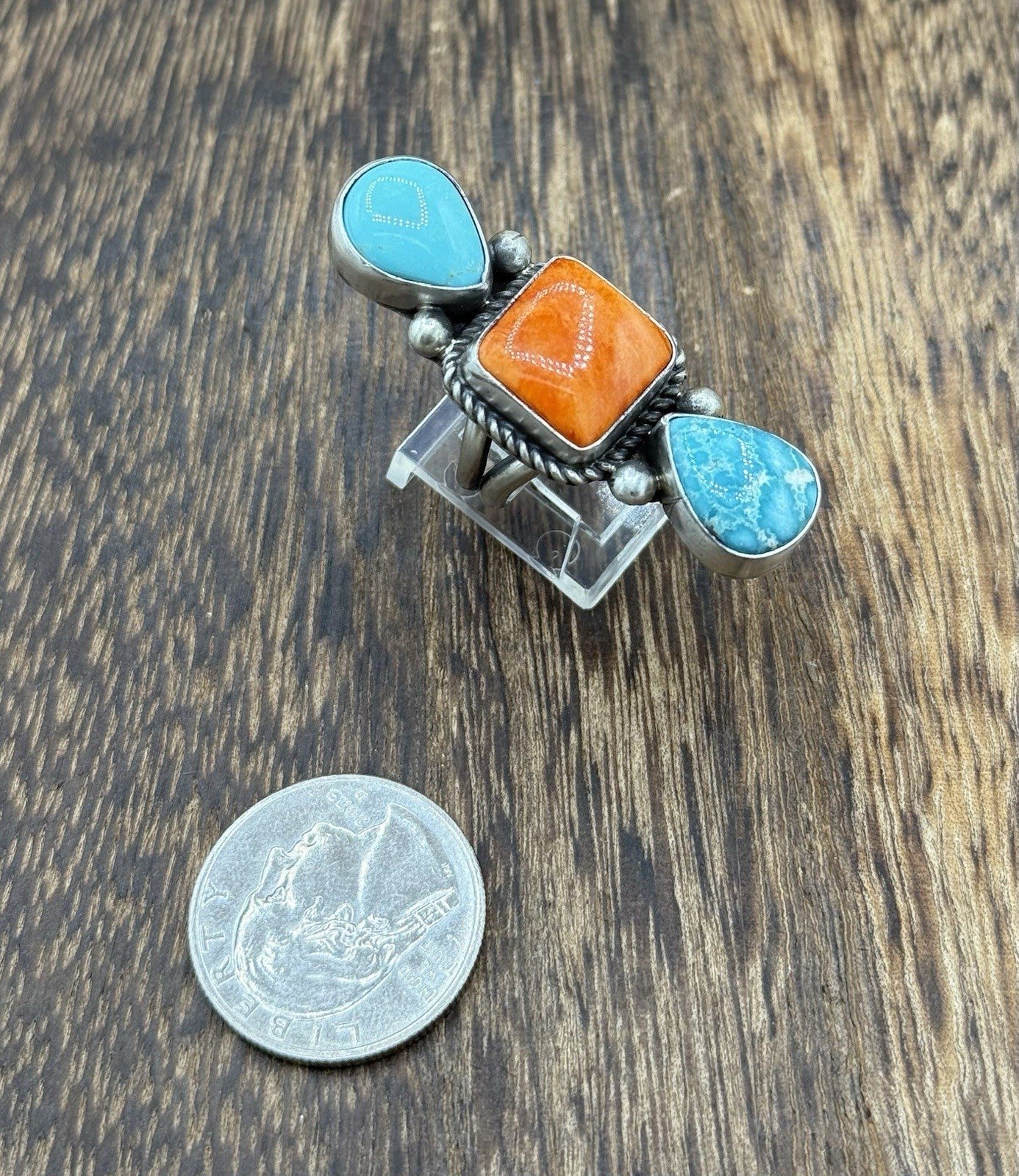 Native Navajo Handmade Sterling Silver Mixed Stone Turquoise Cluster Ring Size 7