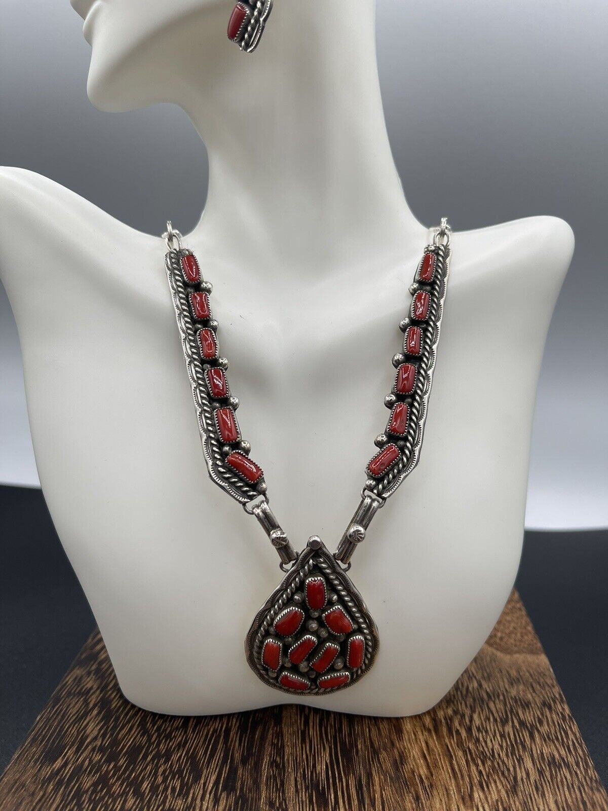 Native American Sterling Silver Navajo Handmade Red Coral Necklace Set