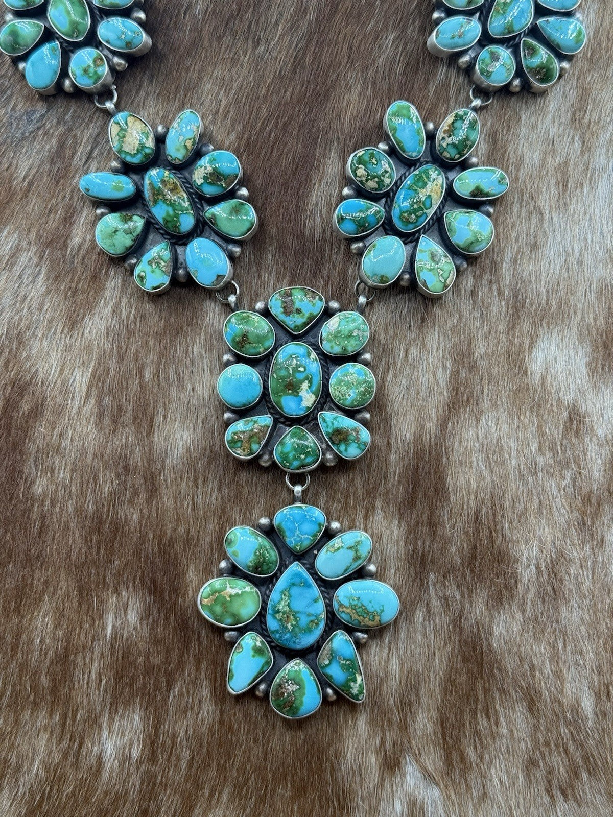 Navajo Handmade Sterling Silver Sonoran Turquoise Cluster Lariat Necklace 24”