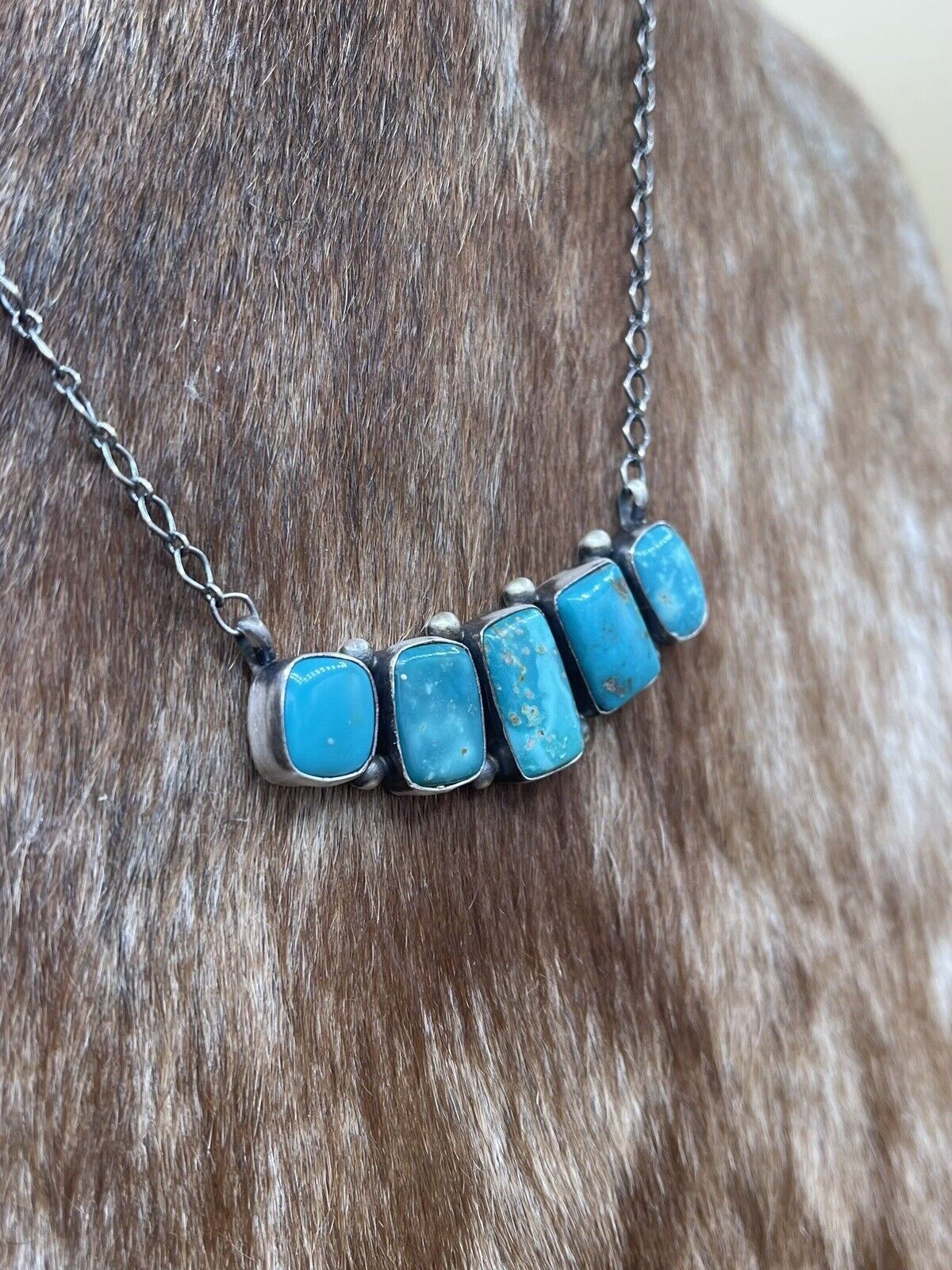 Native American Navajo Handmade Silver Sonoran Bella Turquoise Bar Necklace 18”