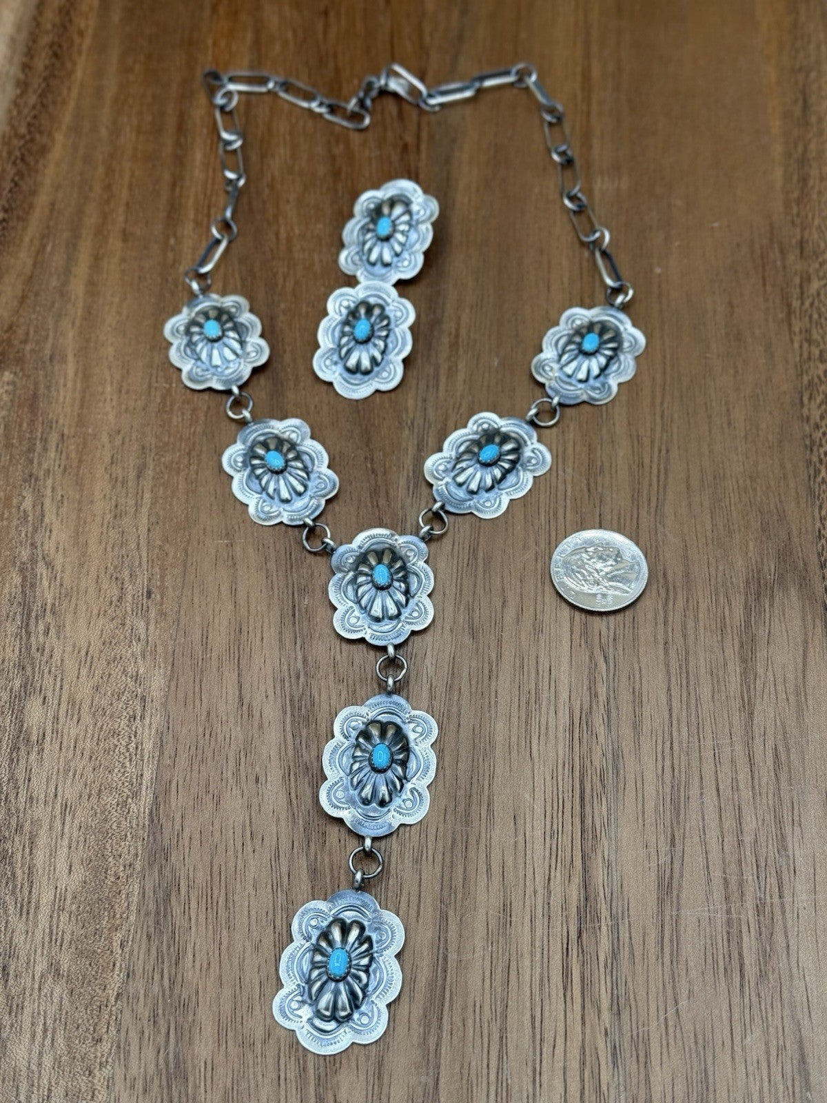 Navajo Handmade Sterling Silver Stamped Concho Turquoise Lariat Necklace Set 20”