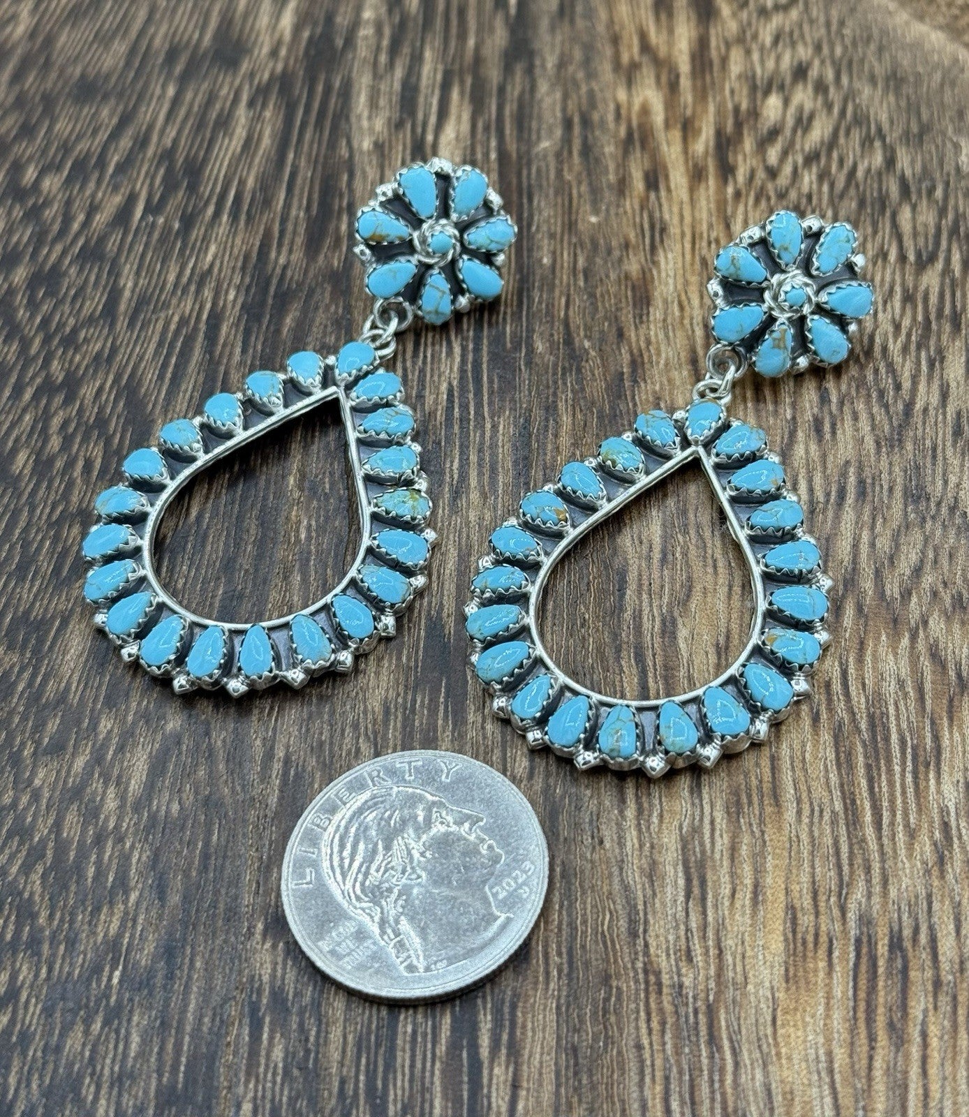 Navajo Handmade Sterling Silver Turquoise Cluster Post Drop earrings Large