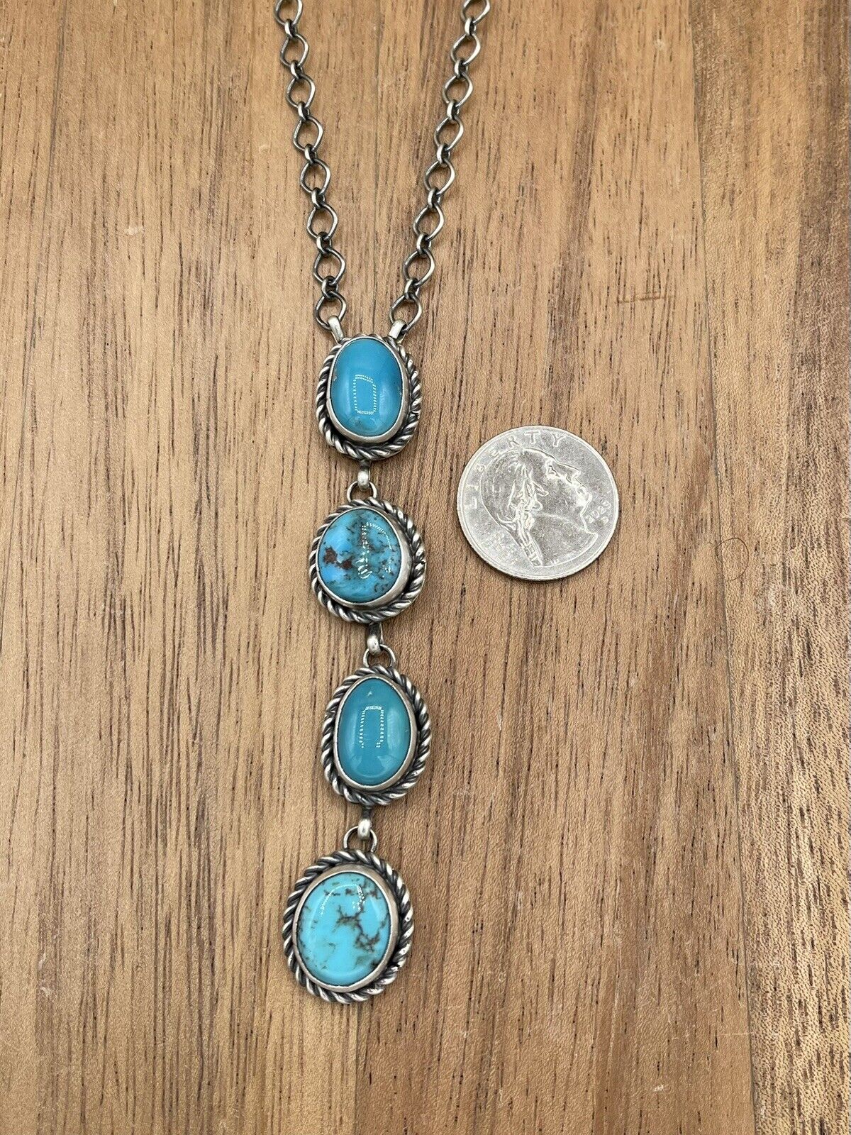 Native American Navajo Handmade Silver Egyptian Turquoise Drop Bar Necklace 18”