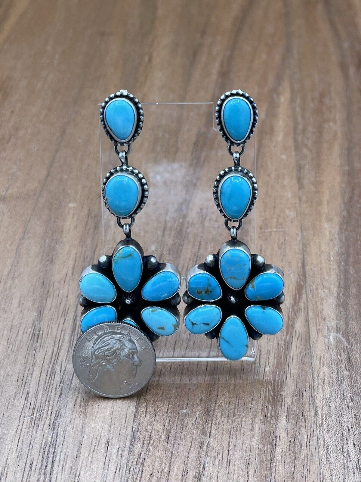 Native American Navajo Handmade Silver Kingman Turquoise Dangle Cluster Earrings