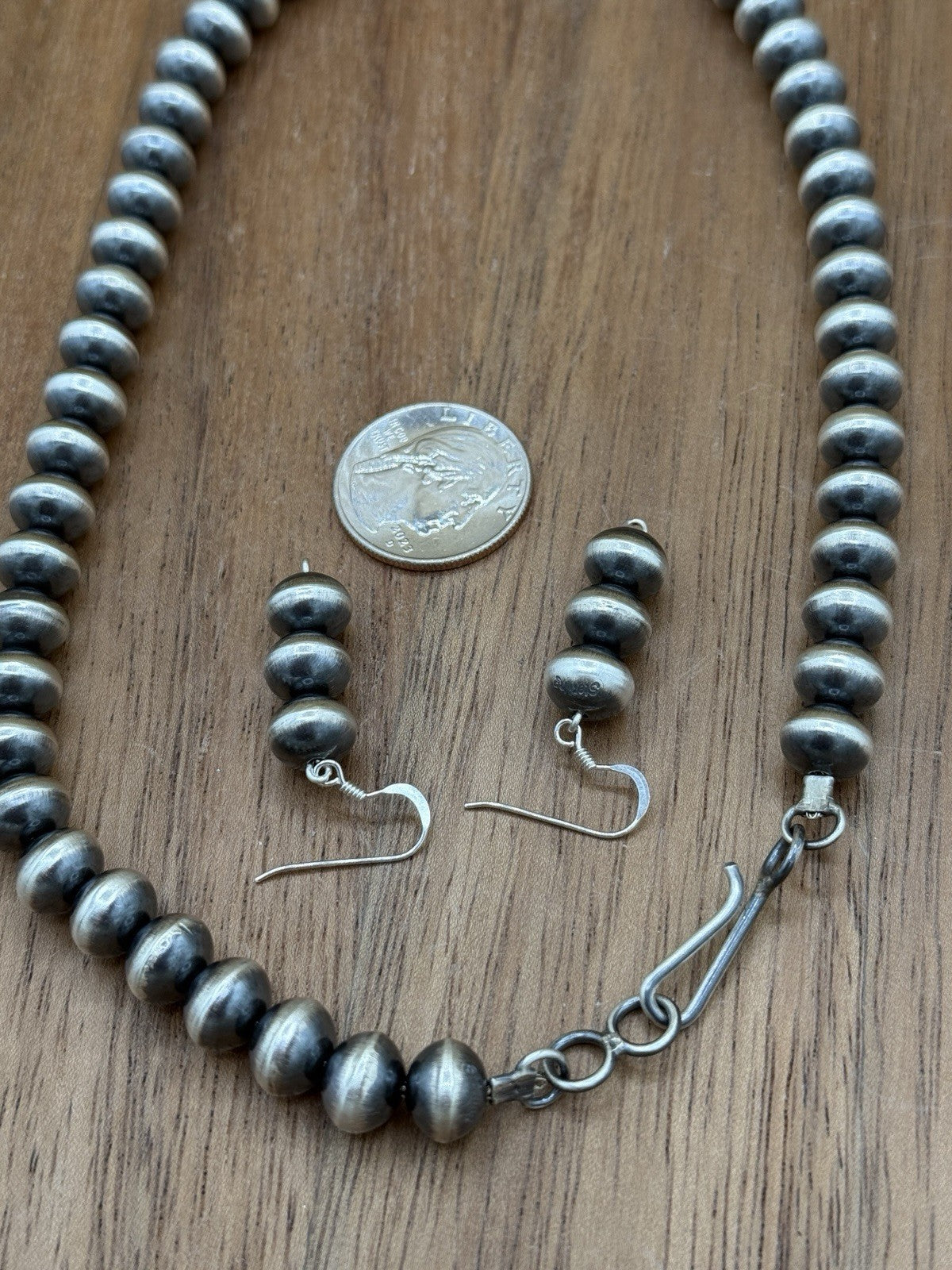 Authentic Navajo Handmade Old Look Navajo Pearl Bead Necklace & Earrings 18” 9mm