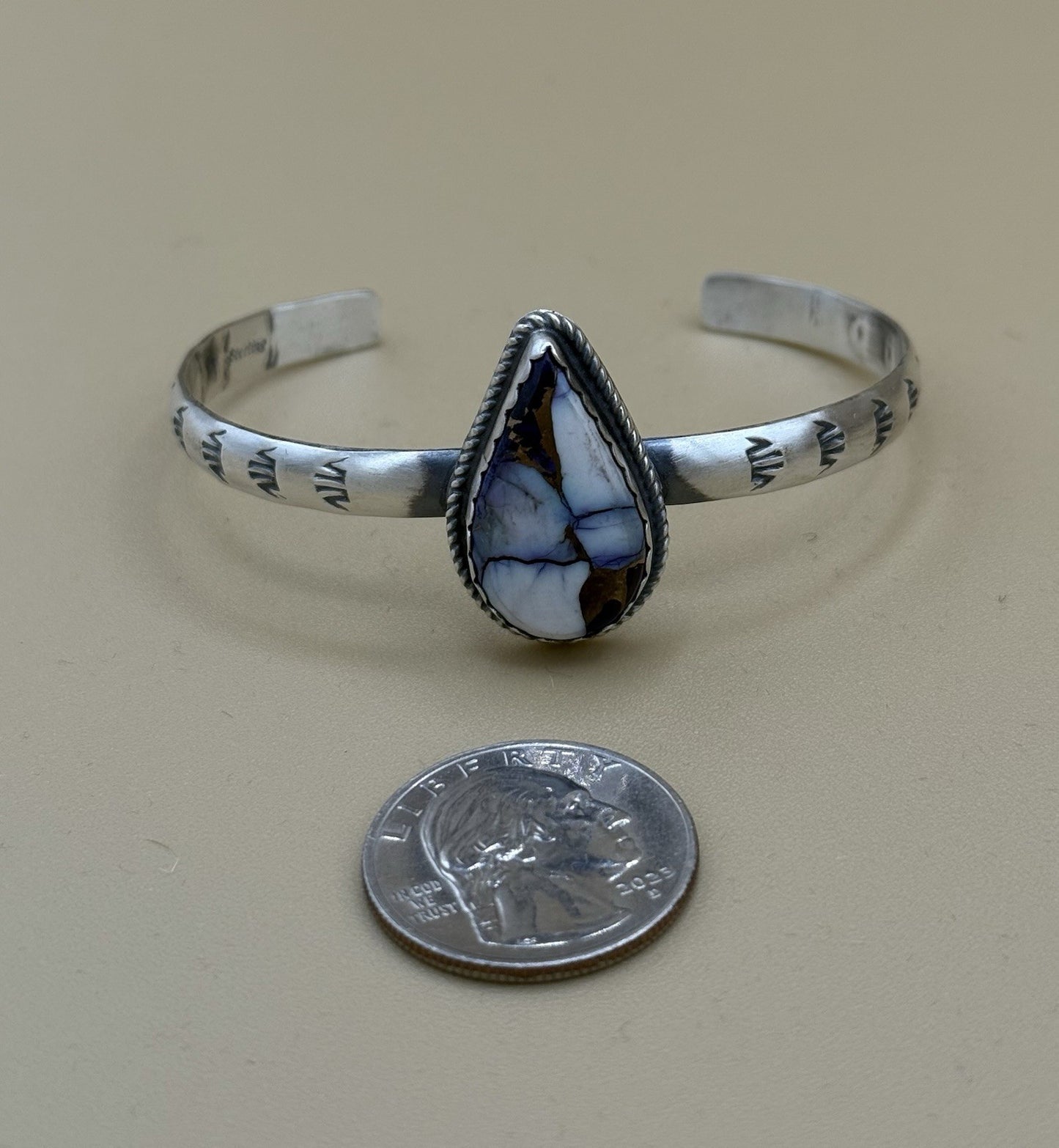 Navajo Handmade Sterling Silver Violet Rose Dahlia Stamped Stacker Cuff Bracelet