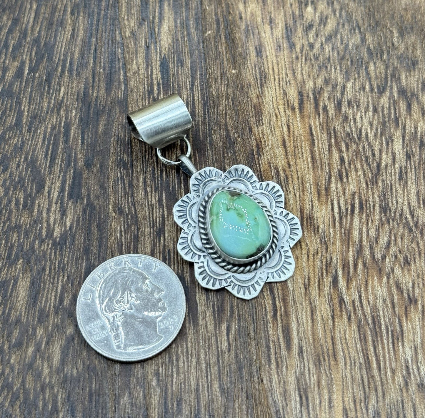 Navajo Handmade Sterling Silver Sonoran Gold Turquoise Stamped Drop Pendant