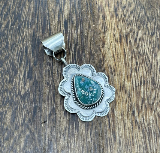 Navajo Handmade Sterling Silver Blue Bird Turquoise Stamped Design Drop Pendant