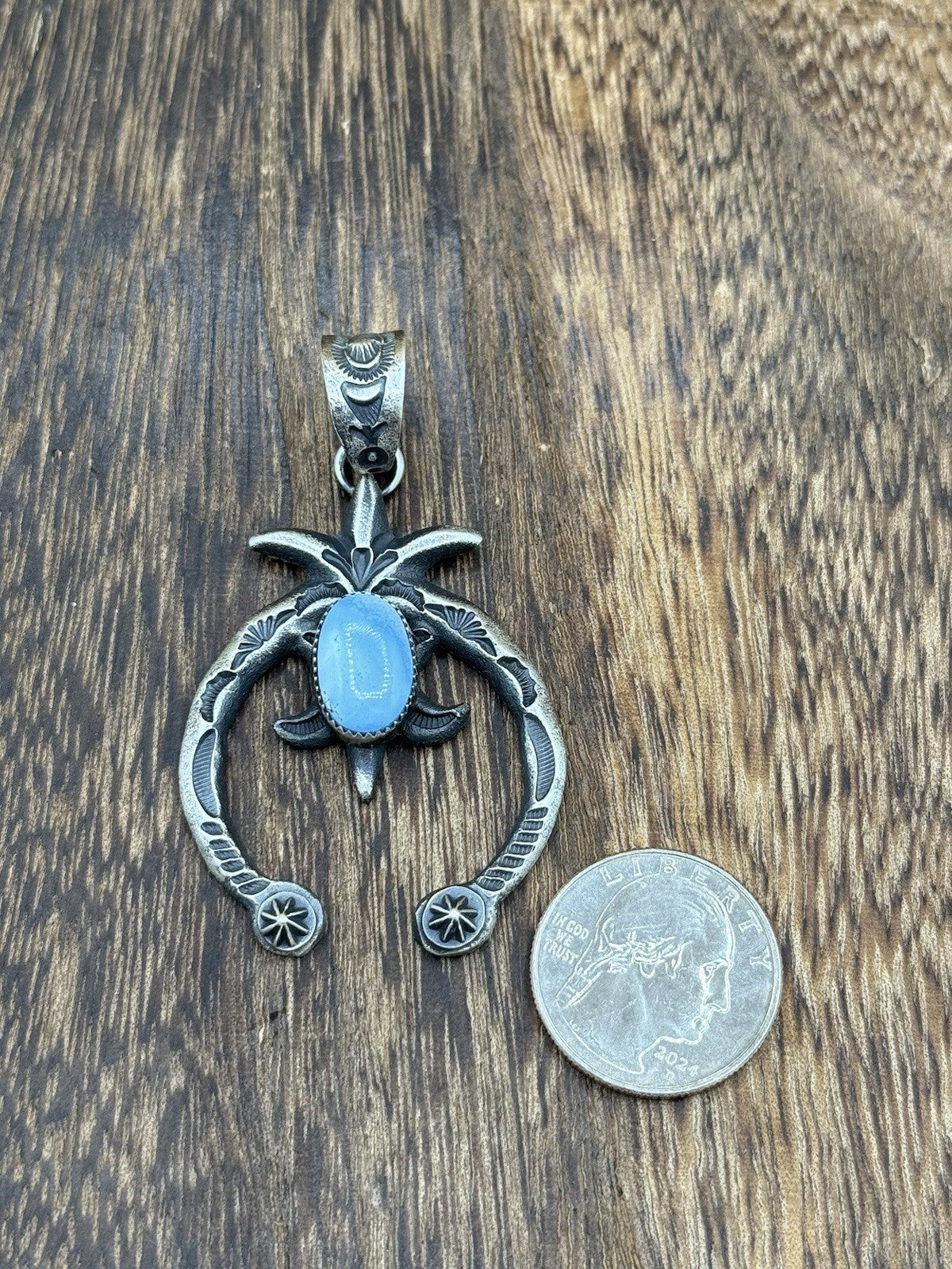 Navajo Handmade Sterling Silver Old Look Golden Hills Turquoise Naja Pendant