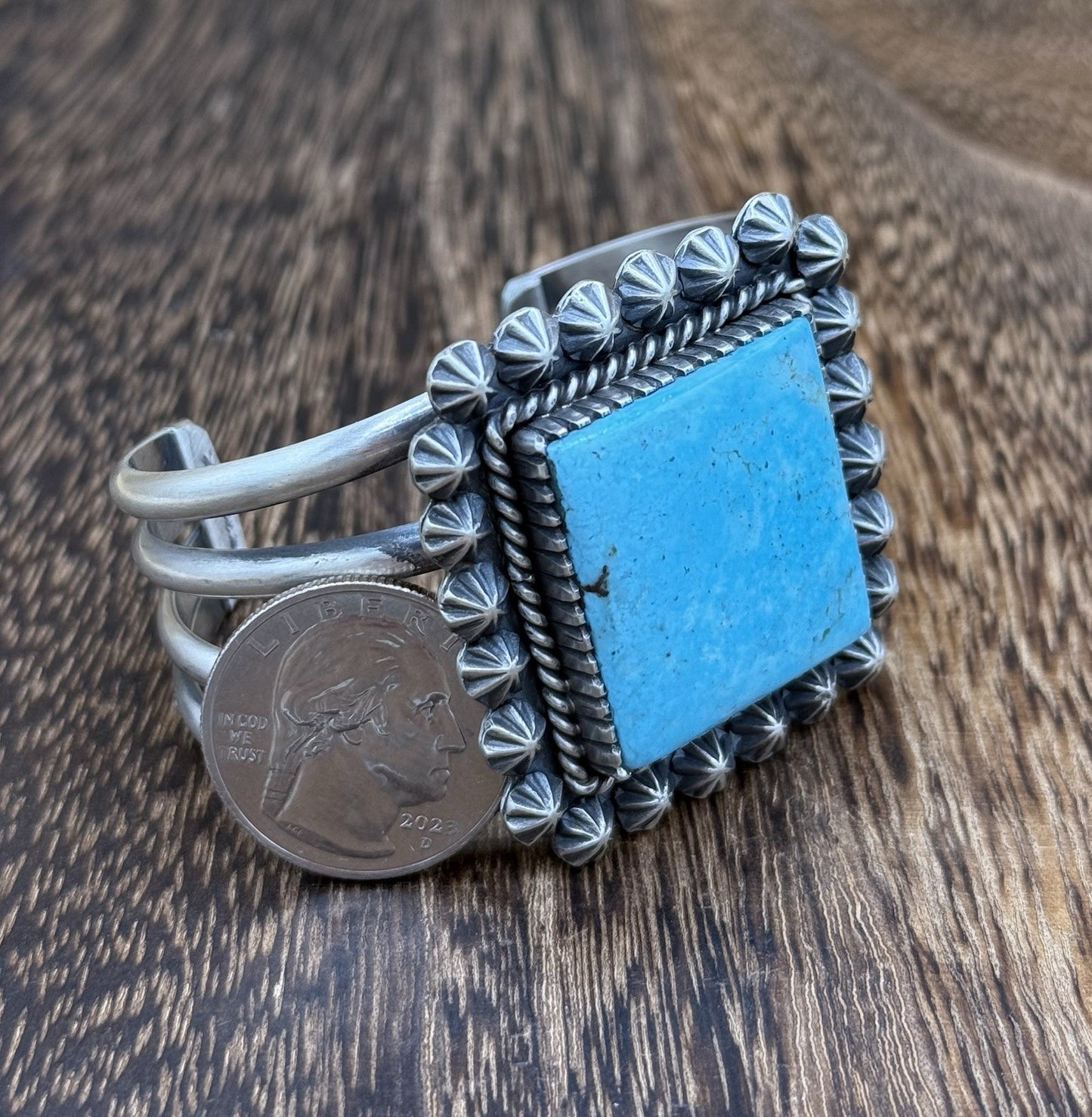 Native Navajo Handmade Sterling Silver Kingman Turquoise Old Look Cuff Bracelet