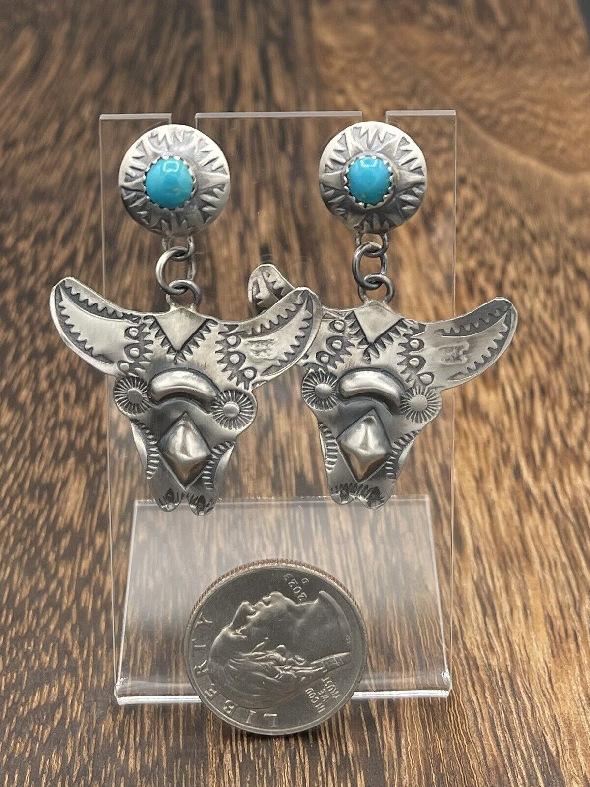 Native American Sterling Silver Navajo Handmade Oldlook Turquoise Earrings