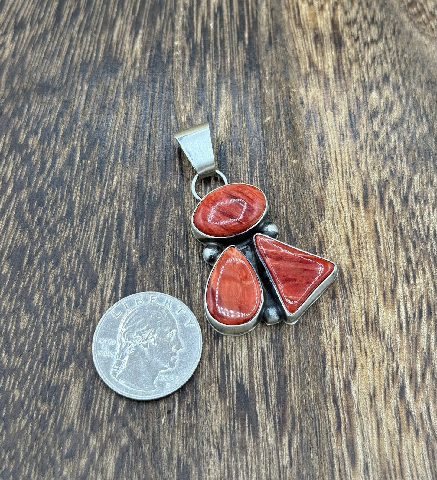 Navajo Handmade Sterling Silver Red Spiny Oyster Shell Cluster Drop Pendant