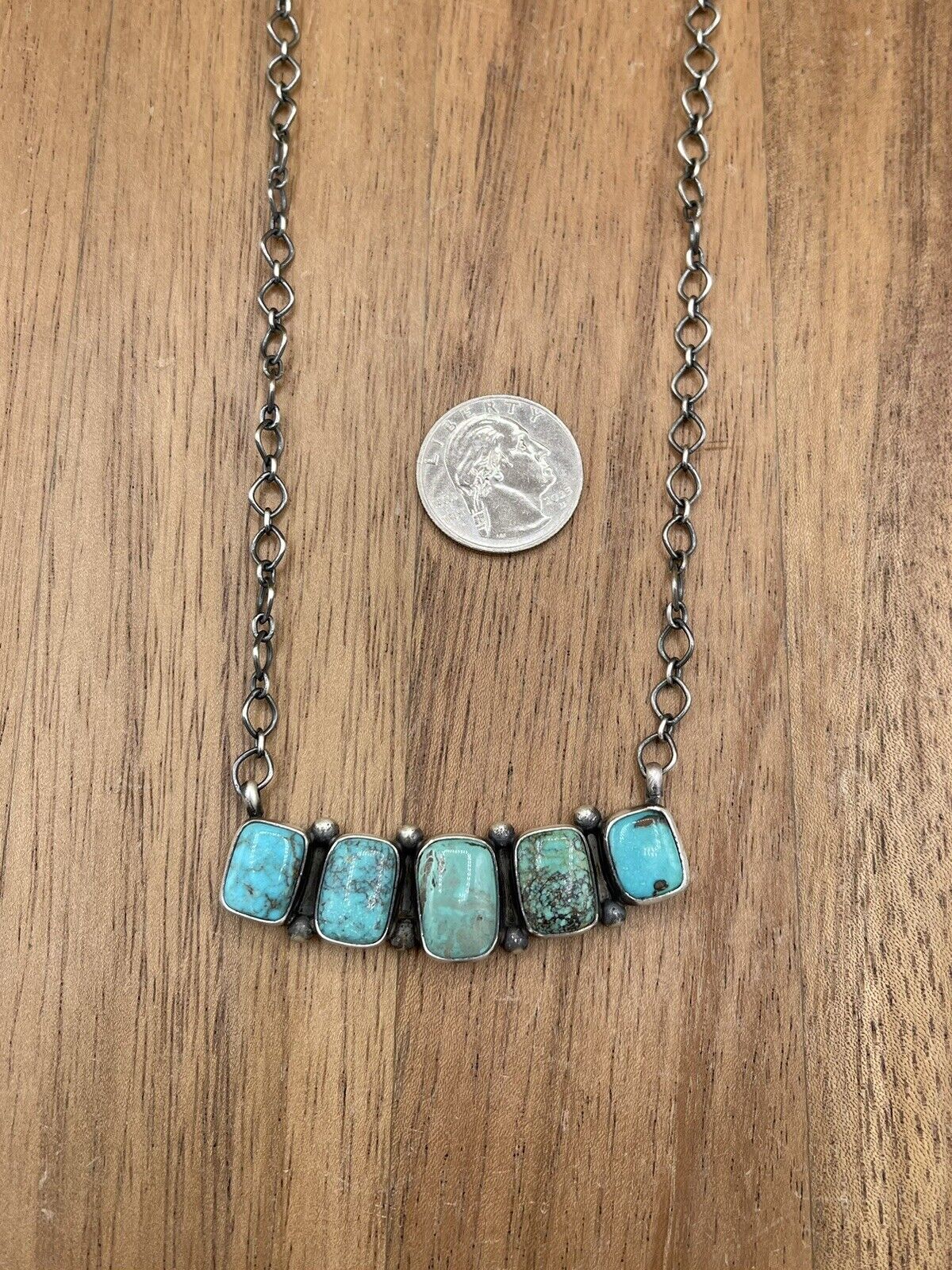 Native American Navajo Handmade Sterling Silver Kingman Turquoise Bar Necklace