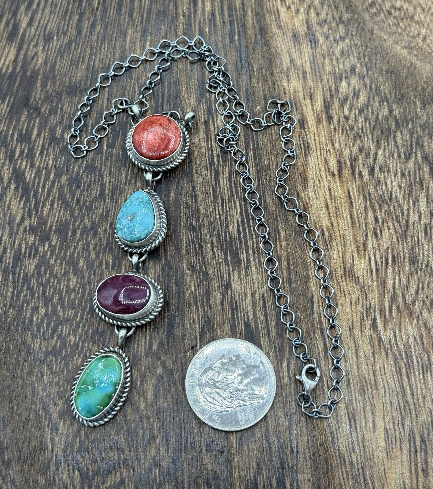 Navajo Handmade Sterling Silver Multi Color Mixed Stone Lariat Necklace 18”