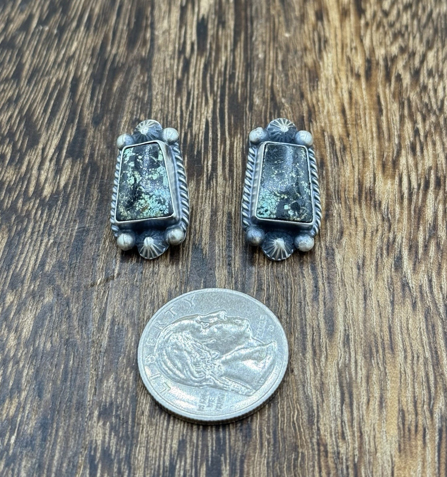 Navajo Handmade Sterling Silver Blackjack Turquoise Old Look Post Stud Earrings