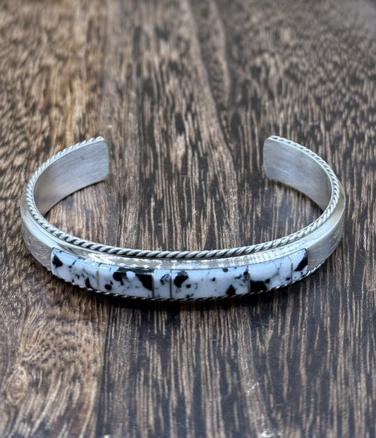Navajo Handmade Sterling Silver White Buffalo Inlay Cuff Bracelet Francis Yazzie