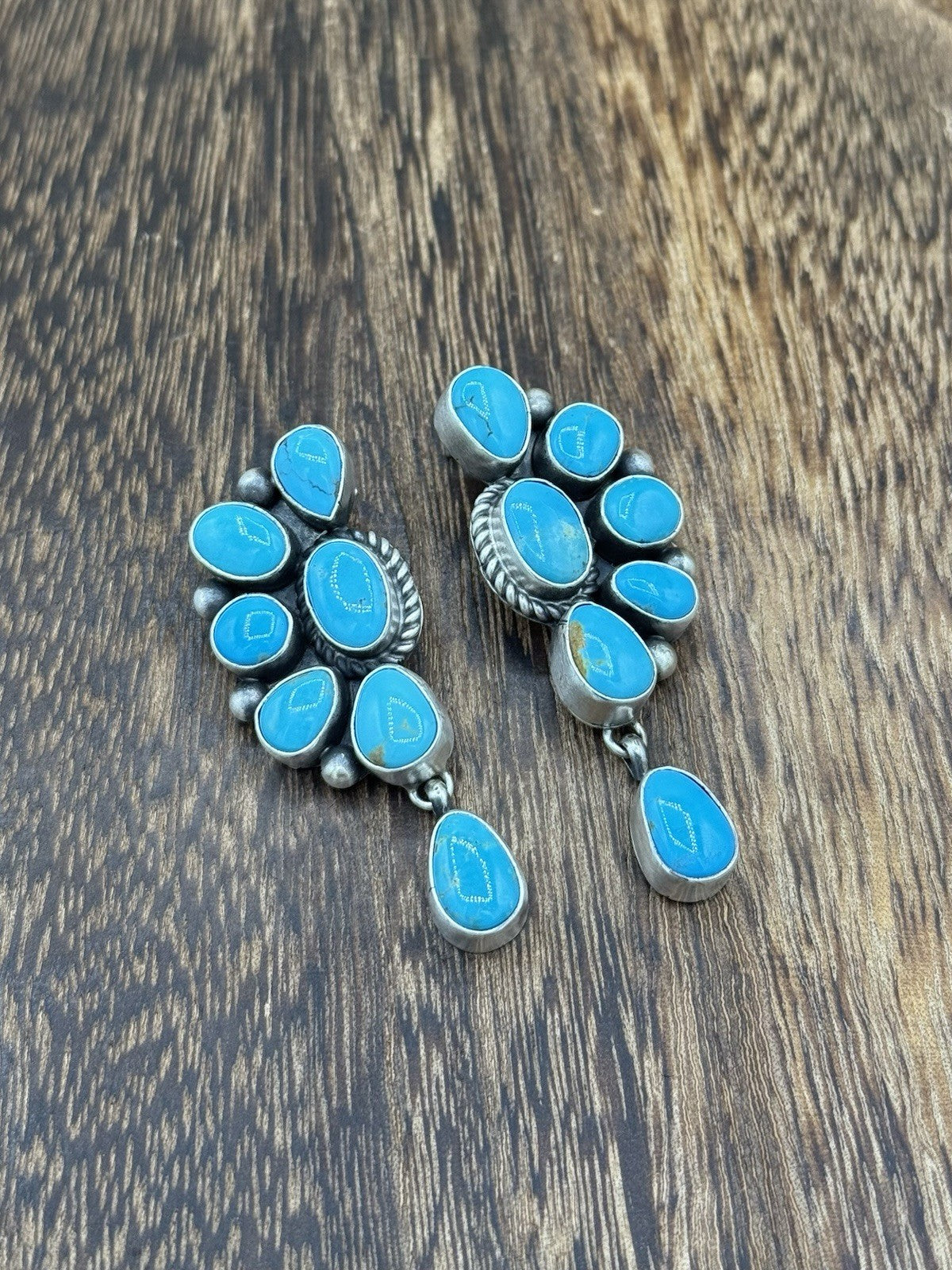 Navajo Handmade Sterling Silver Kingman Turquoise Half Cluster Drop Earrings